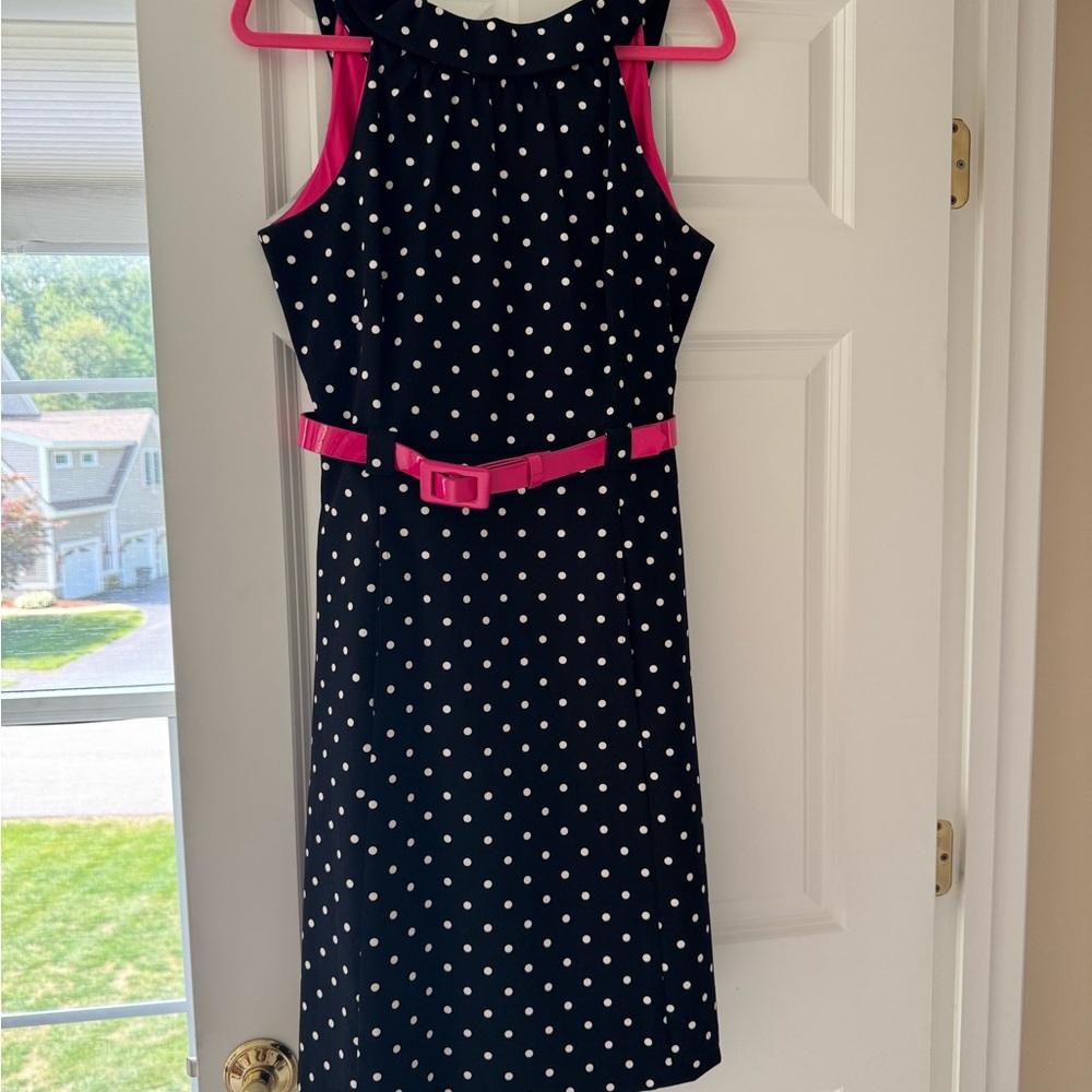 Show stopper - Eliza J Black and White Polka Dot Midi Dress with hot Pink Belt